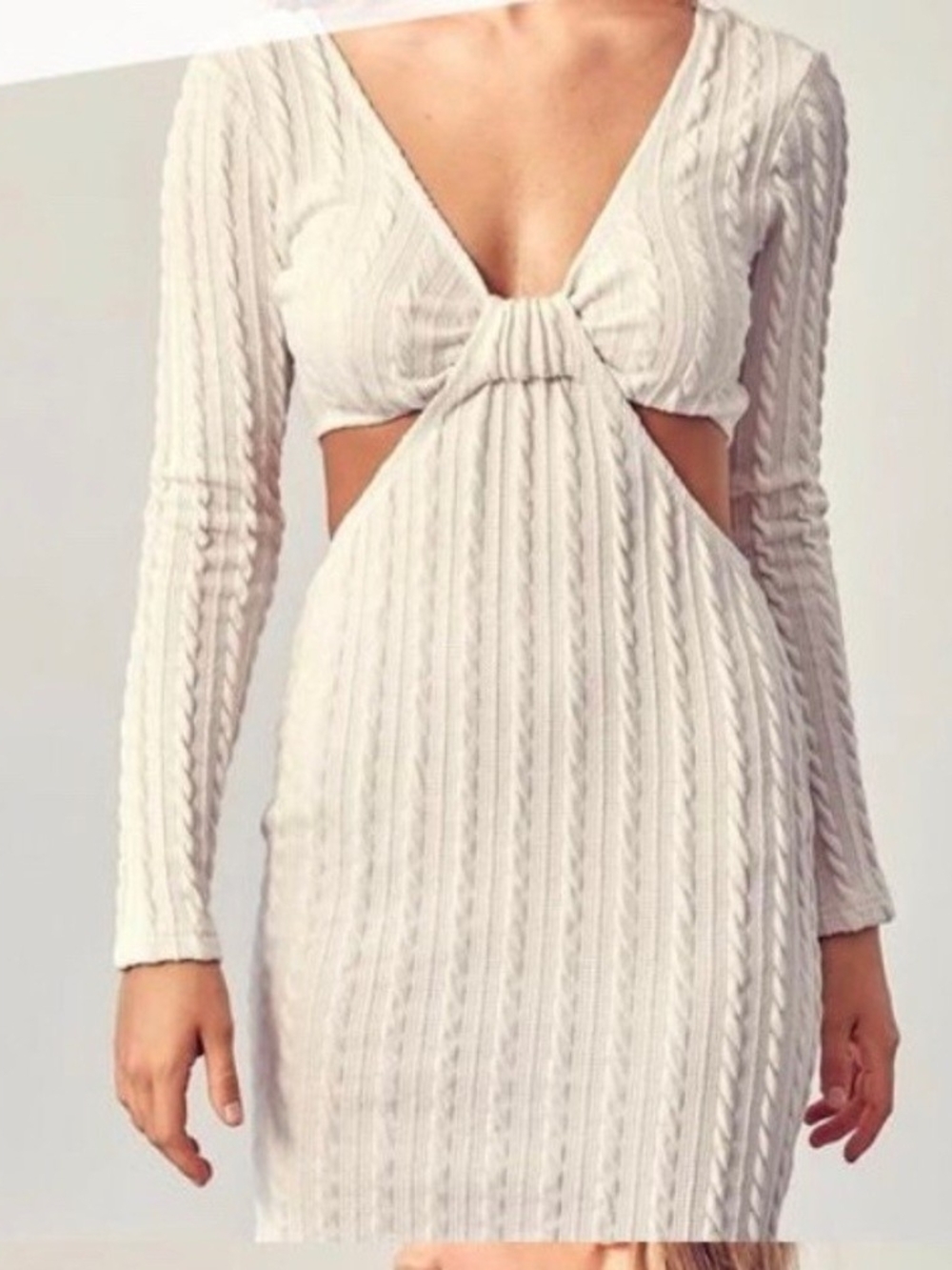 Knot Front Cutout Long Sleeve Dress in Cream